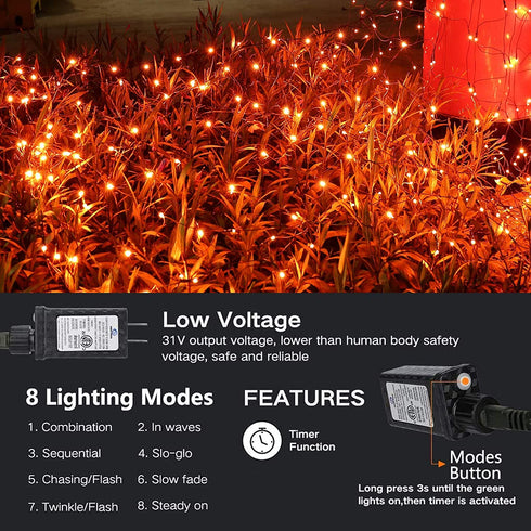 Joomer Orange Christmas Net Lights,12ft x 5ft 360 LED 8 Modes Adapter Bush Lights Connectable Mesh Netting Lights for Christmas Trees, Bushes, Wedding, Garden, Outdoor Decorations,Green Wire