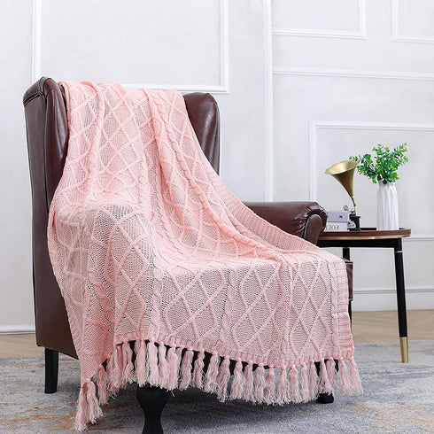 Solid Soft Cozy Cable Knitted Blanket Throw, Lightweight Decorative Textured Throw Blanket with Fringes for Couch Chairs Bed Sofa, Pink, 50"x 60"