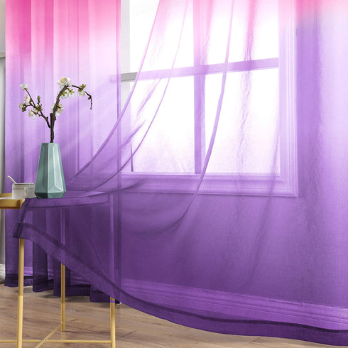 Purple and Pink Sheer Curtains for Girls Bedroom Decor 2 Panels Grommet Faux Linen Ombre Window Semi Sheer Curtains for Living Room Decoration All Year Girls Gift Wedding Party Backdrop 84 Inch Length