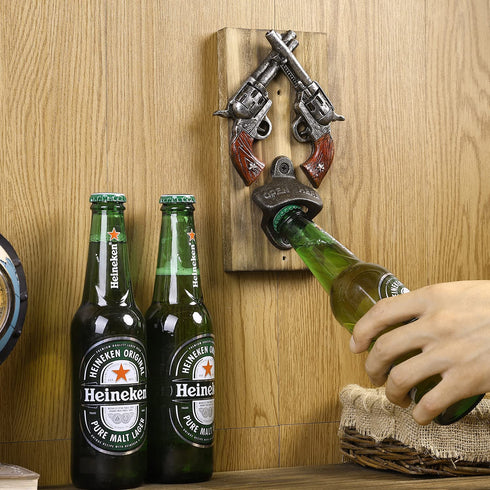MyGift Wall Bottle Opener - Rustic Burnt Wood Western-Inspired Hanging Beer Bottle Cap Opener with Dual Old Wild West Six Shooter Revolvers Design