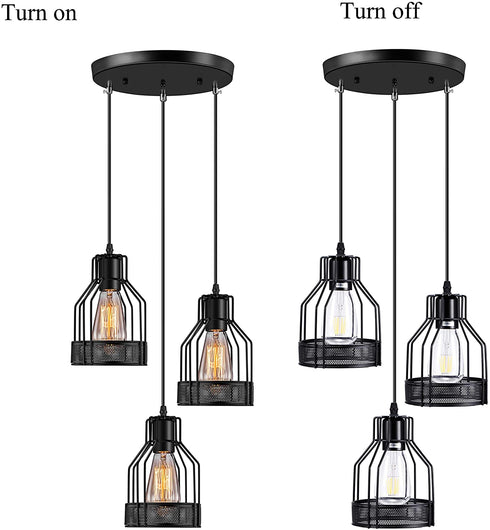 Licperron Pendant Light Fixtures 3-Light, Kitchen Light Fixtures, Edison Metal Caged Vintage Hanging Pendant Fixture for Kitchen Dining Room Bar Hotel, E26 Base