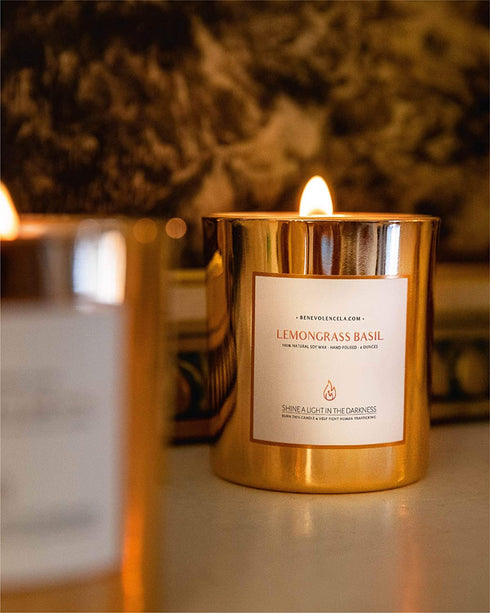 Lemongrass & Basil Scented Candles | Wood Wicked Candles | Lemongrass Candle | 6 oz 35 Hour Burn, Soy Candles Scented, Soy Candle, Basil Candle, Relaxing Aromatherapy Candles in Rose Gold Glass Jar