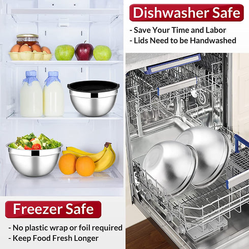 Mixing Bowls with Lids Set of 5, E-far Stainless Steel Black Mixing Bowls Metal Nesting Bowls with Airtight Lids for Cooking, Baking, Serving, Storage - Size 0.7/1/1.5/3/4.5QT - Dishwasher Safe