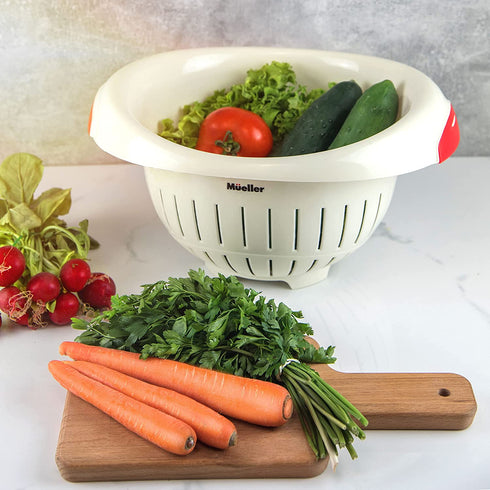 European Made Colander/Strainer, Heavy Duty Deep for Draining Pasta, Lettuce, Vegetables and Fruit, Dishwasher Safe, Beige