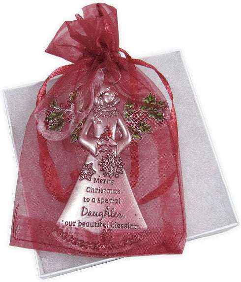 Daughter Angel with Holly Ornaments Merry Christmas to a Special Daughter Our Beautiful Blessing for Holiday Christmas Tree Décor Gifts from Mother, Father Presented in a Red Christmas Bag n Gift Box