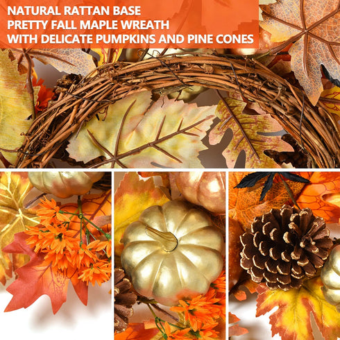 Rocinha Fall Wreath for Front Door Decor, 20 inch Autumn Wreath with Pine Cones Pumpkin Maple Leaf, Harvest Thanksgiving Decorations Fall Decorations for Home