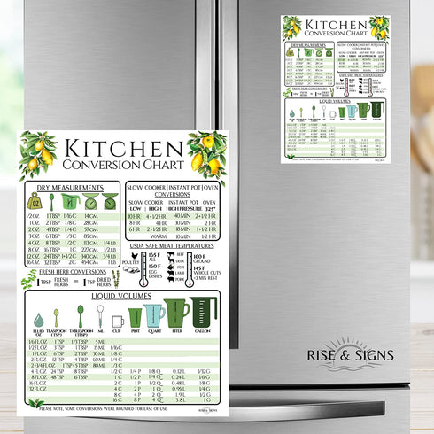 Kitchen Measurement Conversion Chart Modern Farmhouse Design | 8x6 Inch Refrigerator Magnet | Magnetic Kitchen Reference Table w/ Safe Cooking Temperature Guide - Slow Cooker, Instant Pot Cheat Sheet