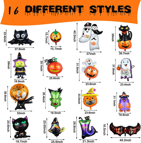 16 Pieces Halloween Foil Balloons Halloween Aluminum Foil Balloon Halloween Mylar Balloons Pumpkin Witch Ghost Spider Demon Giant Balloon Double Sided Halloween Balloon for Halloween Party Supplies