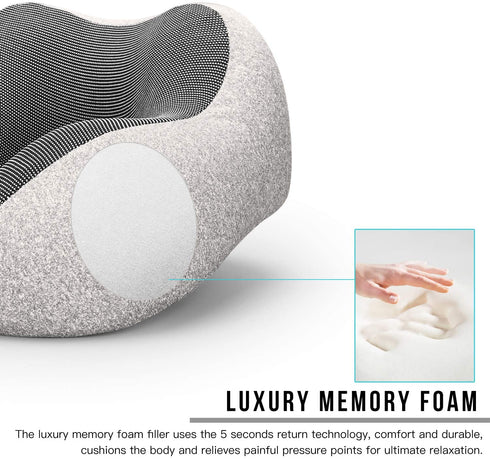 MLVOC Travel Pillow 100% Pure Memory Foam Neck Pillow, Comfortable & Breathable Cover - Machine Washable, Airplane Travel Kit with 3D Sleep Mask, Earplugs, and Luxury Bag, Grey
