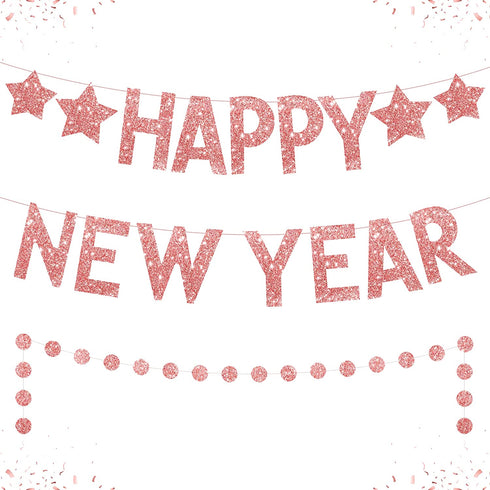 Rose Gold Glitter, Happy New Year Banner - No DIY, 2 Strings | Happy New Year Sign Happy New Year Decorations 2023 | New Years Eve Party Supplies 2023 | New Years Eve Banner, New Years Eve Decorations