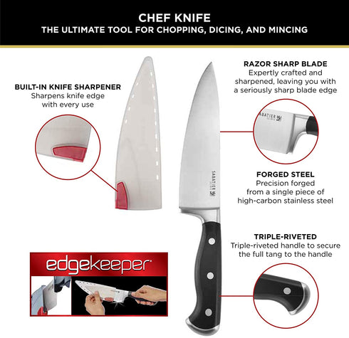 Sabatier Forged Stainless Steel Chef Knife with EdgeKeeper Self-Sharpening Sheath, 8-Inch