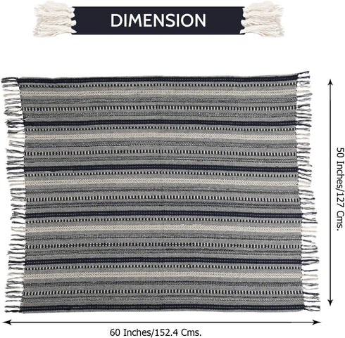 Soft Boho Throw Blankets - Warm and Cozy Home Decor Pure Cotton Woven Stripe Blanket with Fringe for Sofa and Couch, Everyday Use Navy Blue - 60 x 50 Inches