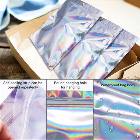 100 Counts Resealable Smell Water Proof Bags Foil Pouch Bag Flat Ziplock Bag with Clear Window for Party Favor Food Storage Gifts Bags Goodie Bag Holographic Color, 5.5 x 7.8 Inches
