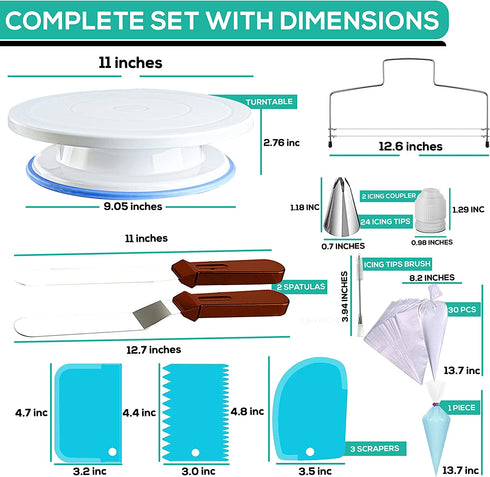 RFAQK 64PCs Cake decorating supplies kit with Non-Slip Cake Turntable-Cake leveler- 24 Numbered Icing Piping Tips with Pattern Chart and EBook- Straight & Angled Spatula-30 Icings Bags- 3 Scraper set