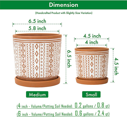 Set of 2 Terracotta Pots, 4 Inch & 6 Inch, Planter Pots for Plants with Drainage Holes and Saucers, Terracotta/White, Small, 31-958-A-1
