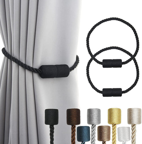 Porlau 2 Pack Strong Magnetic Curtain Tiebacks Outdoor Elegant Decorative Tie Backs Modern Rope Tiebacks for Drapes Window Curtain Holdbacks for Draperies- Black
