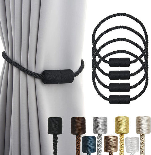 Porlau 4 Pack Strong Magnetic Curtain Tiebacks Outdoor Elegant Decorative Tie Backs Modern Rope Tiebacks for Drapes Window Curtain Holdbacks for Draperies- Black