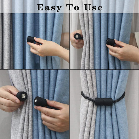 Porlau 4 Pack Strong Magnetic Curtain Tiebacks Outdoor Elegant Decorative Tie Backs Modern Rope Tiebacks for Drapes Window Curtain Holdbacks for Draperies- Black