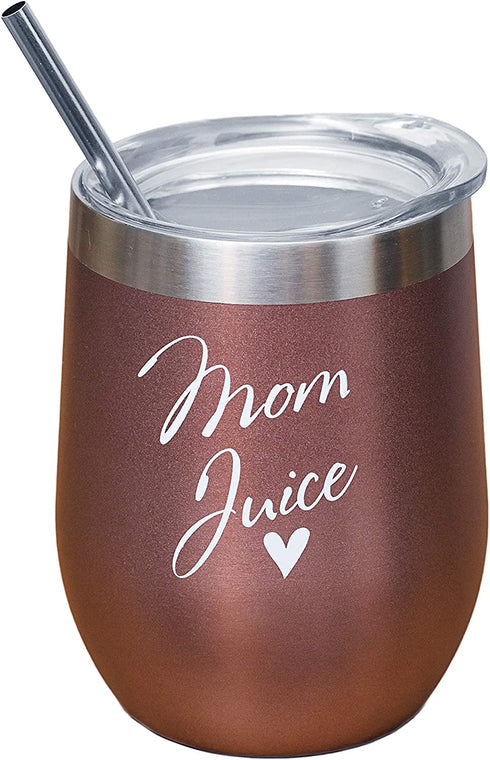 Mom Juice VINOVITA Stainless-Steel Funny Wine Tumbler Insulated Stemless Glass with 2 Lids, Straw, & Brush Novelty Adult Sippy Cup Perfect For Mother™s Day, Valentines, Birthday 12oz