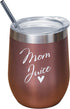 Mom Juice VINOVITA Stainless-Steel Funny Wine Tumbler Insulated Stemless Glass with 2 Lids, Straw, & Brush Novelty Adult Sippy Cup Perfect For Mother™s Day, Valentines, Birthday 12oz