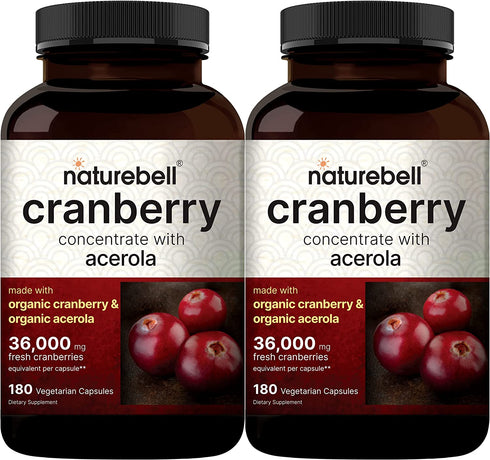 Double Strength Cranberry Pills, 36000mg Fresh Cranberries Equivalent, Made with Organic Wild Cranberry Extract Plus Acerola 25mg, 180 Vegan Capsules, Support Urinary Tract Health, Sugar Free, 2-Pack
