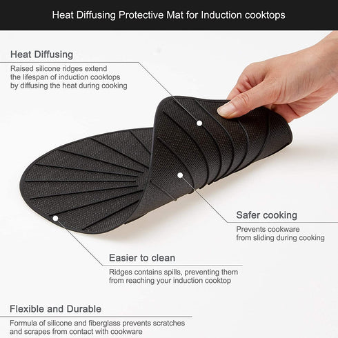 Lazy K Induction Cooktop Mat - Silicone Fiberglass Magnetic Cooktop Scratch Protector - for Induction Stove - Non slip Pads to Prevent Pots from Sliding during Cooking (9.4 inches) Black