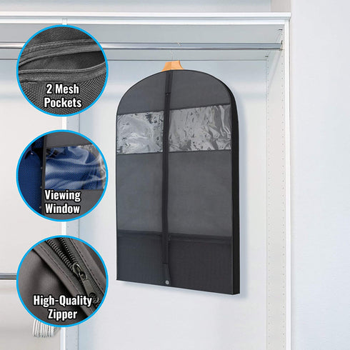 Plixio Gusseted Garment Bags Suit Bag for Travel and Clothing Storage of Dresses, Dress Shirts, Coats€” Includes Zipper Pockets and Large Transparent Window (2 Pack: 43" x 24" x 3.4")
