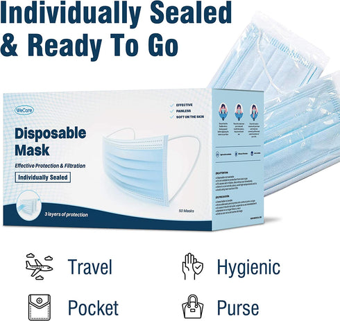 WeCare Disposable Face Mask Individually Wrapped - 50 Pack, Colored Face Masks