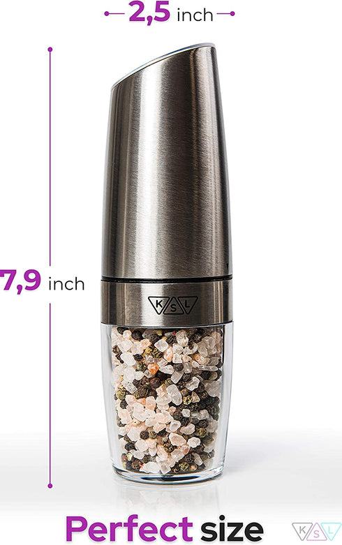KSL Gravity Electric Salt and Pepper Grinder - Battery Operated Auto Mill, Automatic Shaker w/ Light