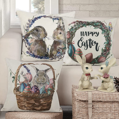 AOKE Set of 4 Easter Throw Pillow Covers 18 x 18 Inches, Rabbit Bunnies with Eggs Cotton Linen Pillow Case, Spring Season's Sofa Bed Throw Cushion Cover Decoration