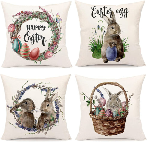 AOKE Set of 4 Easter Throw Pillow Covers 18 x 18 Inches, Rabbit Bunnies with Eggs Cotton Linen Pillow Case, Spring Season's Sofa Bed Throw Cushion Cover Decoration
