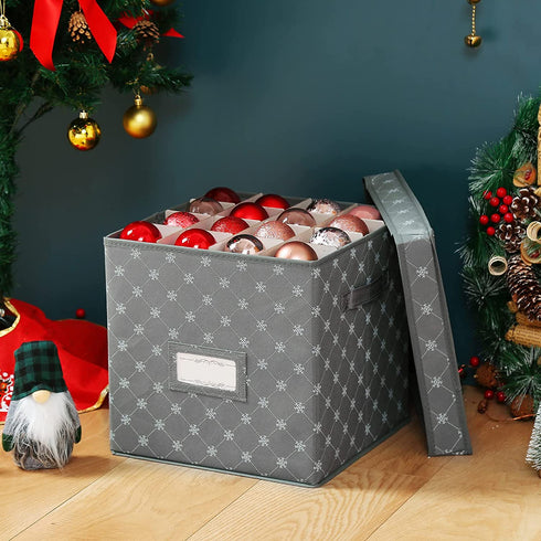 Christmas Ornament Storage Box - Holding 64 Christmas Ornaments, Holiday Ornaments Storage with Dividers, Ornament Storage Bins with Lid (Gray)