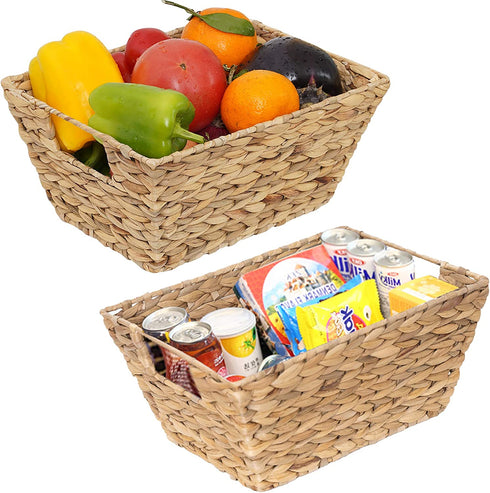 Water Hyacinth Storage Baskets Natural Handwoven Stackable Organizer Wicker Basket Bin With Handles for Cabinets,Cupboards,Shelves, Hold Vegetable,Towels Books Snacks Bottles 2 Pack 12x9x6 Natural/Tan