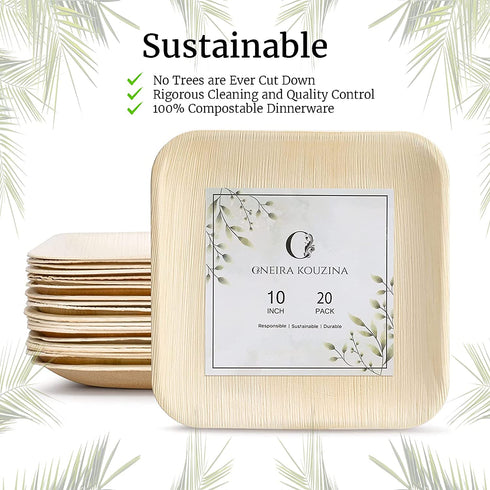 ONEIRA KOUZINA Premium Palm Leaf Plates - 20 large, 10 inch square party pack - Biodegradable Compostable Eco-Friendly Disposable Sturdy. Better than bamboo plates, paper or plastic plates