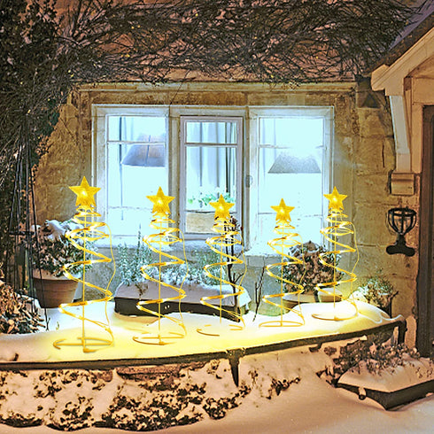 Lulu Home Spiral Christmas Trees, 18 Inch Pathway Christmas Trees with 125 LED Warm White Lights, Plug-in Prelit Xmas Trees with Star Topper for Outdoor Sidewalk Lawn Festivals Decor, 5 Packs