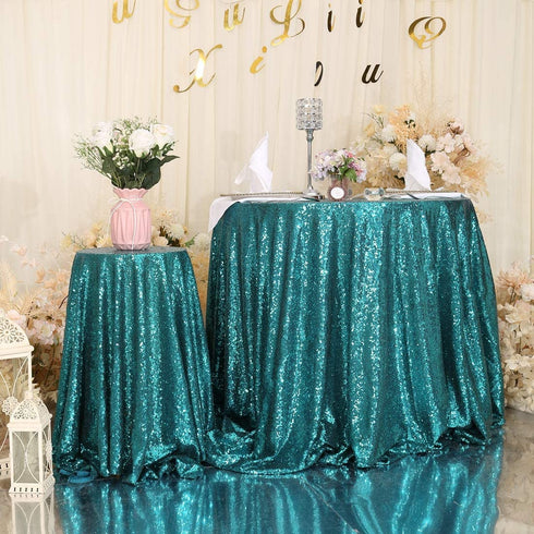 PartyDelight 72" Round Teal Sequin Tablecloth for Wedding, Dessert, Party, Banquet.