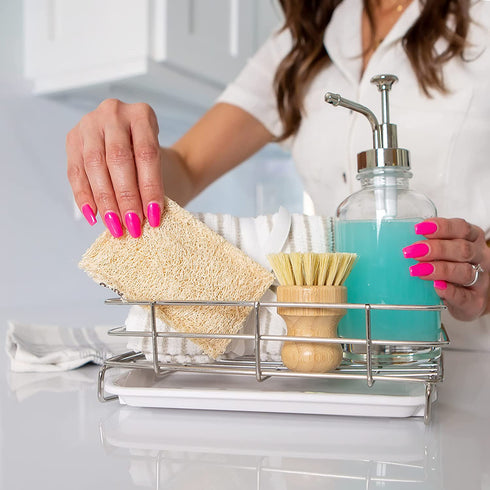 HandyHomeConcepts Sponge Holder For Sink Large Sink Caddy Kitchen Soap Tray Dish Soap Caddy Kitchen Bathroom Sink Organizer Brush Holder - 9x5x3" (not incl. Soaps, Brush, Sponge, Towel)