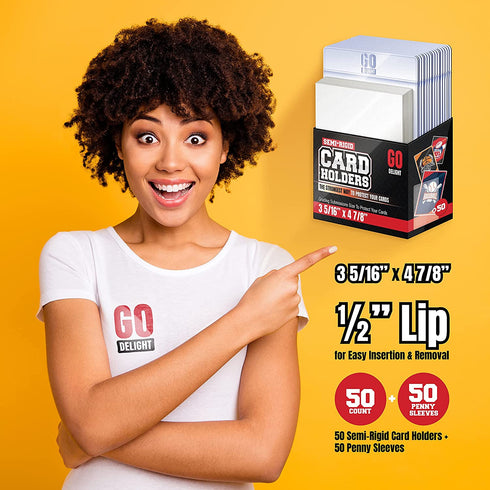 Semi Rigid Card Holder 50 Card Holders for Trading Cards and 50 Penny Sleeves Pokemon, Baseball Card Holder - Baseball Card Sleeves -3-5/16" x 4-7/8" Including 1/2" Lip - Trading Card Sleeves