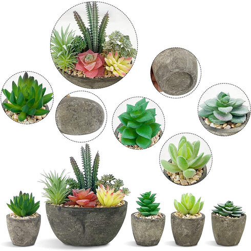 Succulents Plants Artificial Set of 5, Realistic Fake Succulents with Cement Like Pots for Home Office Decoration.