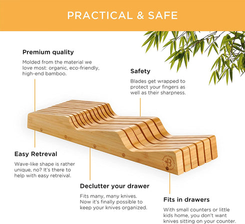 Bamb¼si Knife Drawer Organizer - Bamboo In Drawer Knife Block - Wooden Kitchen Countertop Knife Holder Organization - Holds 10-16 Knives (Not Included) - Keep Knifes Blades Store Without Pointing Up
