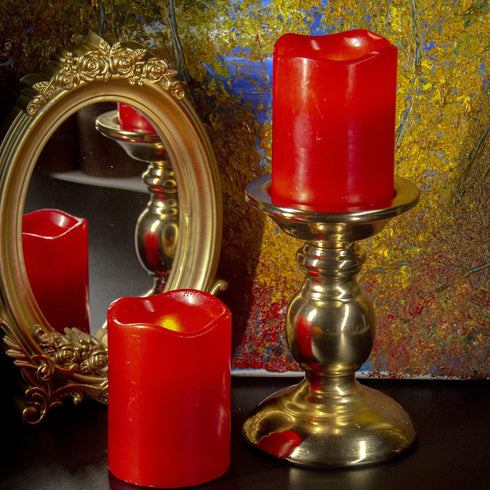 Flameless Candles-Set of 2(3"x4"/4") Red,Dripless Real Wax,Flickering Pillar Candles,Bright Warm Light,with Remote Control and Timing