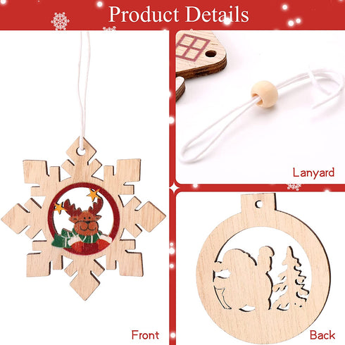 Wooden Farmhouse Christmas Tree Ornaments 24 Pieces, 2.3-inch Wooden Hollow Santa Claus Pendant, Snowman Pendant Ornaments Crafts, Christmas Party Ornaments.