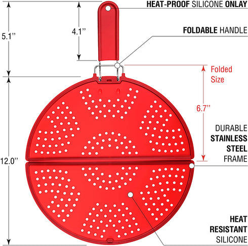 Splatter Screen for Frying Pan 11 3/4-Inch - Grease Splatter Guard - Foldable Splatter Screen Strainer - Bacon Silicone Splatter Screen with Folding Handle - Oil Screen for Skillet - Fry Splash Guard