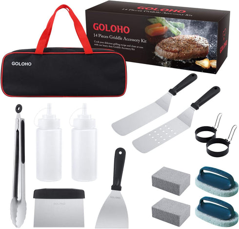 GOLOHO 14 Pcs Griddle Accessories Kit Stainless Steel with Cleaning Tools - Outdoor Professional Flat Top Grilling Hibachi Spatula Grill Set Teppanyaki BBQ Tools
