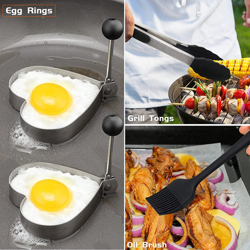 JIGUOOR Griddle Accessories, 16PCS Flat Top Grill Accessories Kit for Blackstone and Camp Chef, with Griddle Metal Spatula, Scraper, Pepper Grinder, Egg Rings, for Camping, Teppanyaki & Gas Grill
