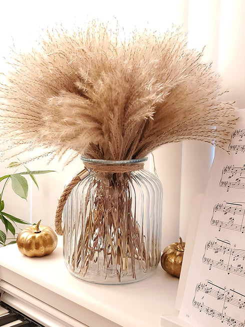 100 pcs Fluffy Pampas Grass Reeds Dried Flower, 17" Tall Not Sparse Natural Plant for Boho Wedding Bouquet Arrangement, Rustic Floral Home Decoration, Vase Filler for Living Room Decor for All Seasons