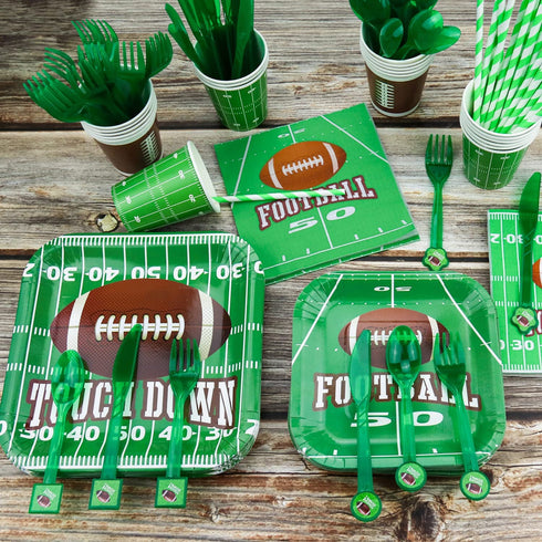 Football Theme Party Supplies - Includes Football Banner, Plates, Napkins, Cup, Tablecloth, Knives, Fork, Spoon and Straws for Boys Sports Theme Birthday Decorations, Serves 20 Guests