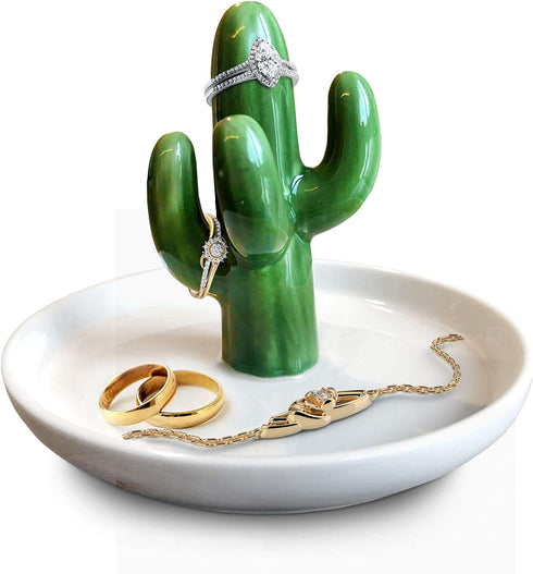 Ceramic Cactus Ring Holder Ring Dish Green & White | Ring, Bracelet, Jewelry, Trinket Tray/Dish | Wedding Ring, Earrings, Diamond Ring & Engagement Ring | Office & Home Decor