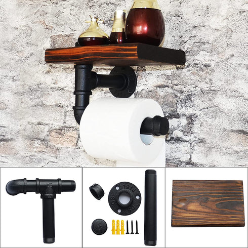 DSDST Toilet Paper Holder with Shelf Rustic Wooden Shelf and Black Iron Pipe Hardware Paper Towel Holder Wall Mount for Bathroom Washroom