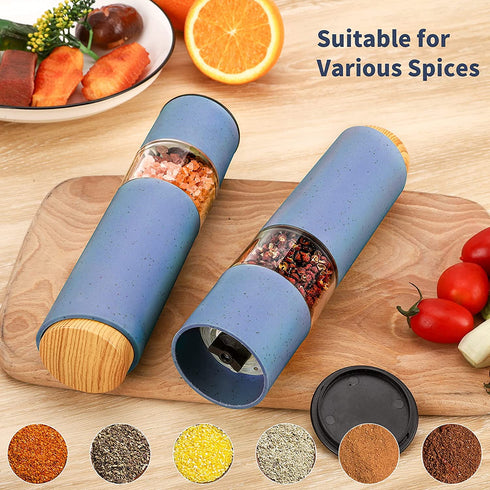 Electric Salt and Pepper Grinder Set, Battery Powered Automatic Gravity Peper Mill, Electronic Refillable Adjustable Coarseness Spice Shaker with Lid Stand Holder, Pack of 2 Blue